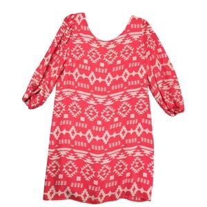 Takara Red Beige Aztec Dress Sz XL Back Bow Ruffle Knee-Length Sheer Puff Sleeve
